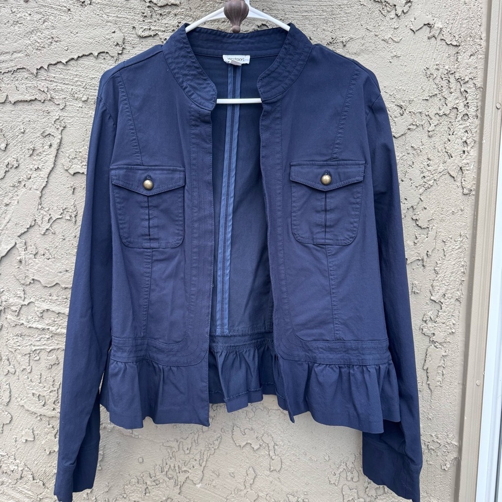 Westport Navy Ruffle Peplum jacket Open Front Stretch size XL - Picture 3 of 15